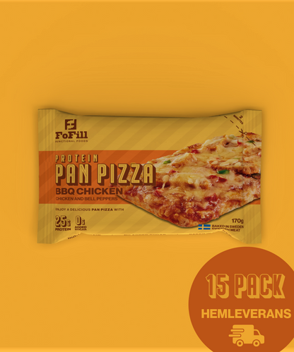 Protein Pan Pizza BBQ Chicken – 15-pack. Proteinrik Pan Pizza med smak av kyckling och paprika, innehåller 25 gram protein per portion, utan tillsatt socker. Perfekt för en hälsosam och smakrik måltid.