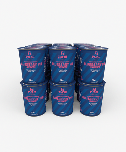 Blueberry Pie Cinnamon Proteingröt 12-pack – En proteinrik och hälsosam gröt med smak av blåbärspaj och kanel, 21 gram protein per portion, utan tillsatt socker. Perfekt för frukost eller mellanmål.