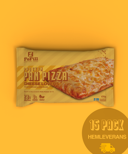 Protein Pan Pizza Cheese Lovers – 15-pack. Vegetarisk pan pizza med fyra sorters ost och basilika, innehåller 28 gram protein per portion. Perfekt för en hälsosam och smakrik måltid.