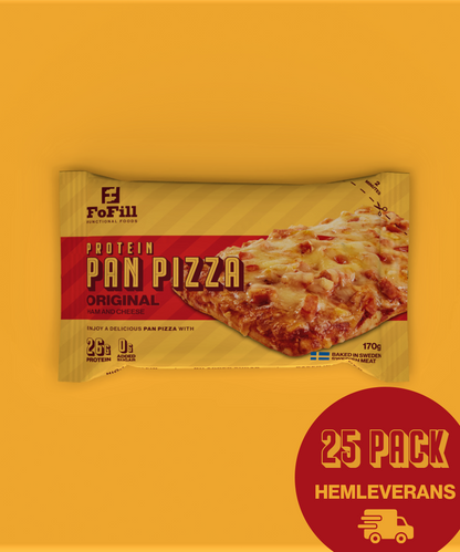 Original Protein Pan Pizza – 25-pack. En proteinrik pan pizza med svensk skinka och ost, innehåller 26 gram protein per portion och utan tillsatt socker. Perfekt för en hälsosam och smakrik måltid.